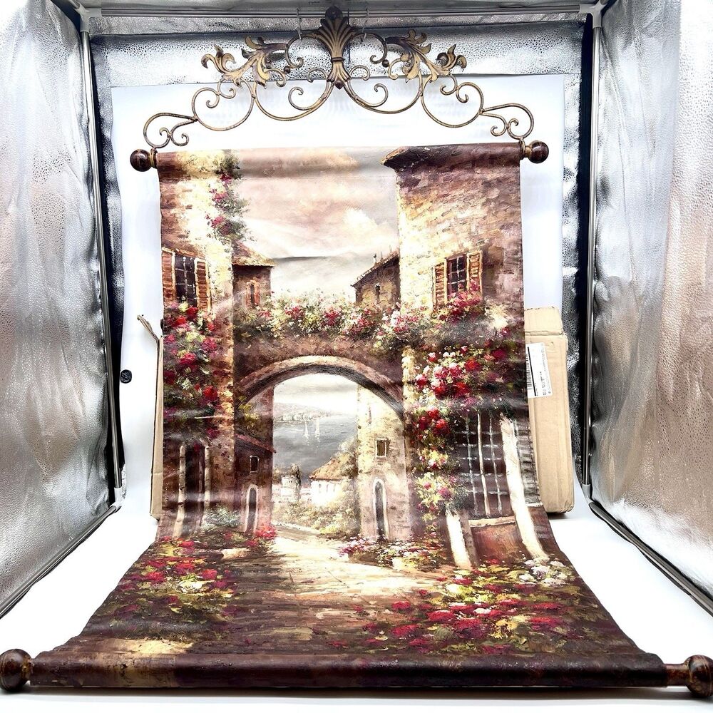 Wrought Iron Topper Italian Archway To The Sea Hand-Painted Canvas 26" X 47” NIB